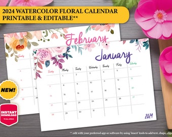 2024 Watercolor Floral Calendar | Printable Landscape | US Letter & A4 | Sunday Start