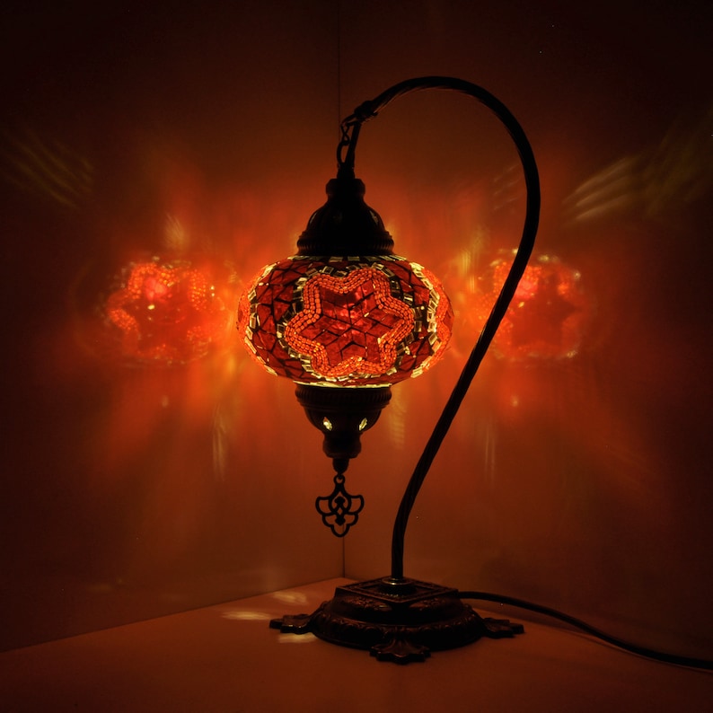 10 Variation - Turkish Lamp Mosaic Table Lamp | Turkish Moroccan Lamp | Handmade Swan Neck Night Lamp | Mosaic Glass Bedside Lamp & Led Bulb