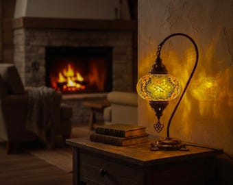 Handmade Turkish Mosaic Swan Neck Table Lamp | Bohemian Glass Decor