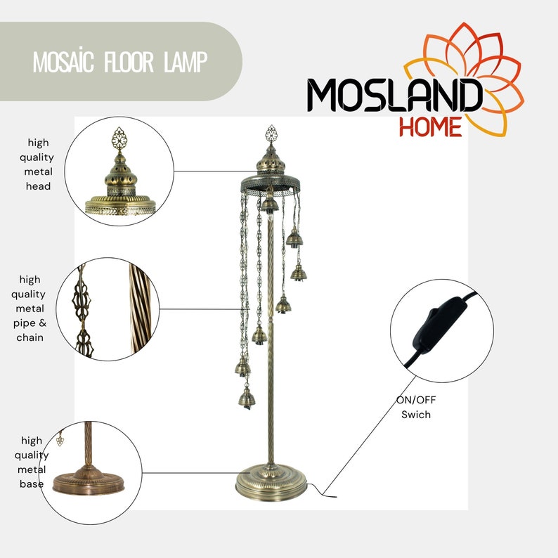 May include: A gold mosaic floor lamp with a decorative metal head, a twisted metal pipe, and a round base. The lamp has a chain with multiple bells hanging from it. The lamp has an on/off switch on the cord.