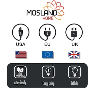 May include: A graphic showing different plug types for USA, EU, and UK.  The graphic also shows icons for eco-friendly, energy saving, and LED bulbs.  The text "MOSLAND HOME" is at the top of the graphic.