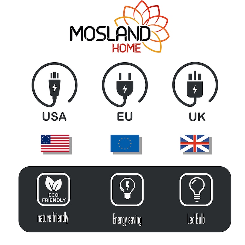 May include: A graphic showing different plug types for USA, EU, and UK.  The graphic also shows icons for eco-friendly, energy saving, and LED bulbs.  The text "MOSLAND HOME" is at the top of the graphic.