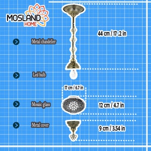 May include: A gold metal chandelier with a mosaic glass shade. The chandelier is 44 cm tall and the shade is 12 cm in diameter. The chandelier is shown with an LED bulb.