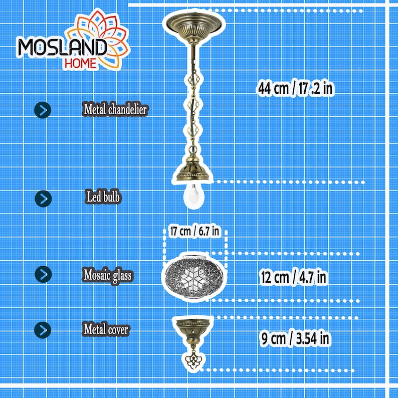 May include: A gold metal chandelier with a mosaic glass shade. The chandelier is 44 cm tall and the shade is 12 cm in diameter. The chandelier is shown with an LED bulb.