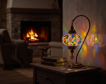 Housewarming Gift | Turkish Mosaic Table Lamp | Moroccan Handmade Glass Boho Bedside Decor