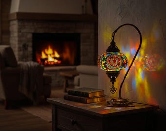 Boho Gift Idea | Diamond Pattern Mosaic Table Lamp | Stained Glass Handmade Bedside