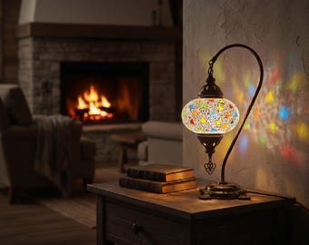 Handcrafted Bohemian Lamp | Turkish Moroccan Mosaic Table | Stained Glass Accent Decor Light