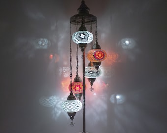 Turkish Moroccan Mosaic Floor Lamp | Turkish Lamp 5 Big Size 6.5" Globes | Handmade Corner Night Lamp | Mosaic Standing Lamps with LED Bulb