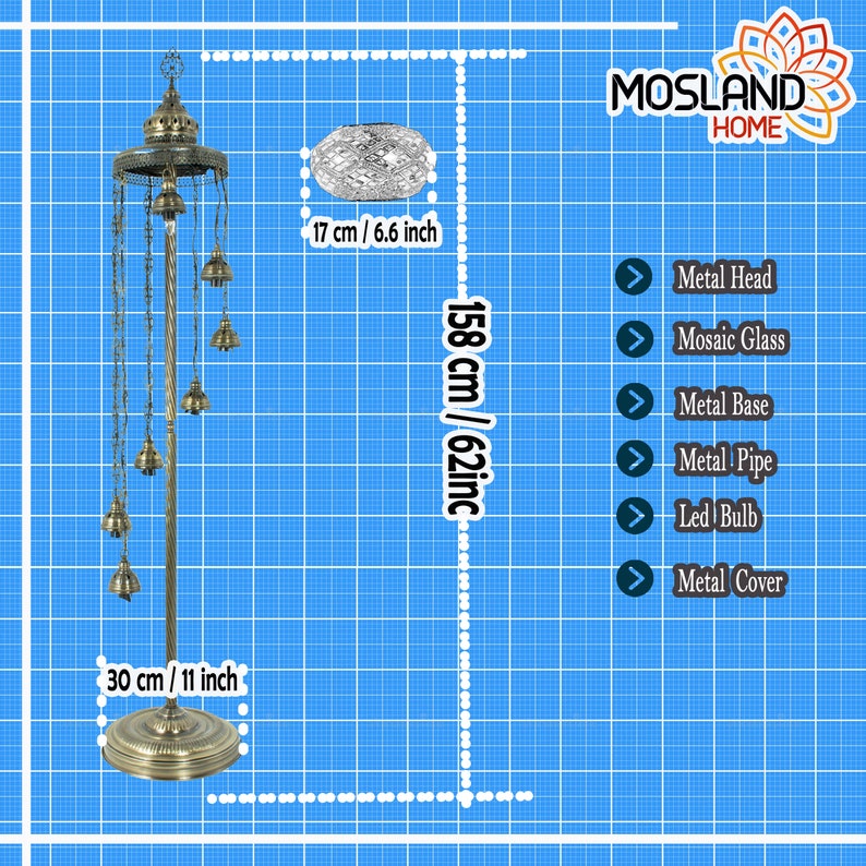 May include: A tall, gold-toned metal incense burner with a mosaic glass top and a chain of bells hanging from the bottom. The burner is 62 inches tall and has a 11 inch diameter base. The burner is on a blue grid background with the text "MOSLAND HOME" in the top right corner.