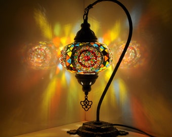 Variation 10 - Lampe de table en mosaïque turque | Lampe marocaine turque | Lampe de nuit col de cygne faite main | Lampe de chevet en mosaïque de verre et ampoule LED