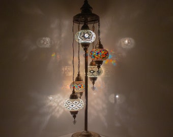 Turkse Marokkaanse mozaïek vloerlamp | Turkse lamp 5 grote 6,5-inch bollen | Handgemaakte hoeknachtlamp | Mozaïek staande lampen met LED-lamp