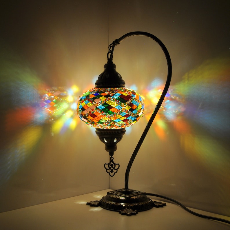 10 Variation Turkish Lamp Mosaic Table Lamp Turkish Moroccan Lamp Handmade Swan Neck Night Lamp Mosaic Glass Bedside Lamp & Led Bulb MH0006