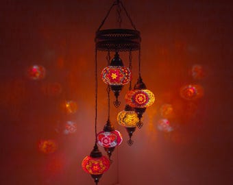 Handmade Turkish Mosaic Chandelier: 5 Globe Hanging Lamp