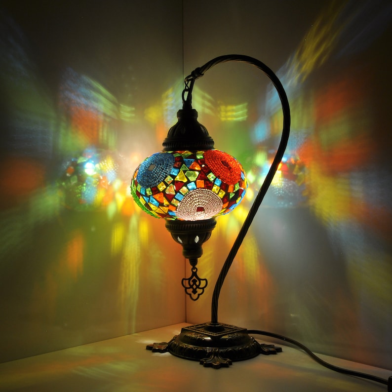 10 Variaciones - Lámpara de Mesa de Mosaico Turca / Lámpara Turca Marroquí / Lámpara de Noche de Cuello de Cisne Hecha a Mano / Lámpara de Noche de Mosaico de Vidrio con Bombilla LED