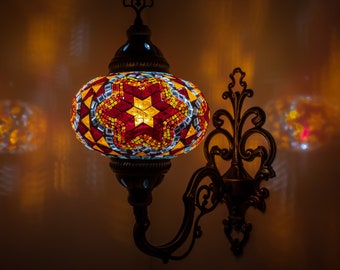 Applique murale en mosaïque turque marocaine à 7 variantes avec base en bronze | Style Tiffany avec abat-jour en verre mosaïque | Lampe de chevet en verre mosaïque