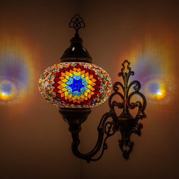 7 Variation Turkish Moroccan Mosaic Wall Sconce Lamp with Bronze Base | Tiffany Style with Mosaic Glass Shade | Mosaic Glass Bedside Lamp