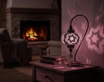 Unique Boho Desk Lamp | Handmade Turkish Mosaic | Moroccan Glass Decorative Accent Lighting