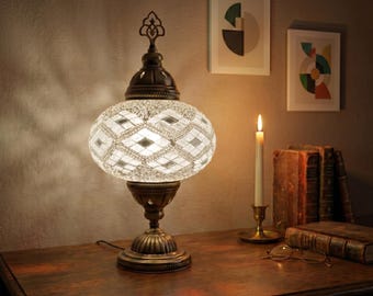 Handmade Turkish Mosaic Table Lamp: Stained Glass Bohemian Night Light