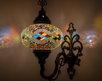 Turkish Moroccan Mosaic Wall Sconce Lamp with Bronze Base | Tiffany Style with Mosaic Glass Shade | Mosaic Glass Bedside Night Lamp&Led Bulb