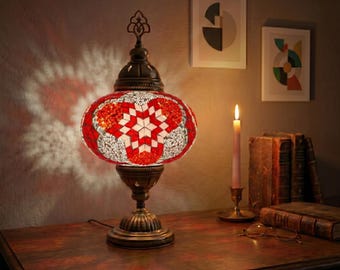 Handmade Mosaic Turkish Lamp | Bohemian Glass Bedside Night Light (Led Bulb Included)