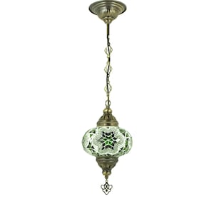 May include: A green and white mosaic glass pendant light with a brass chain and ceiling mount.