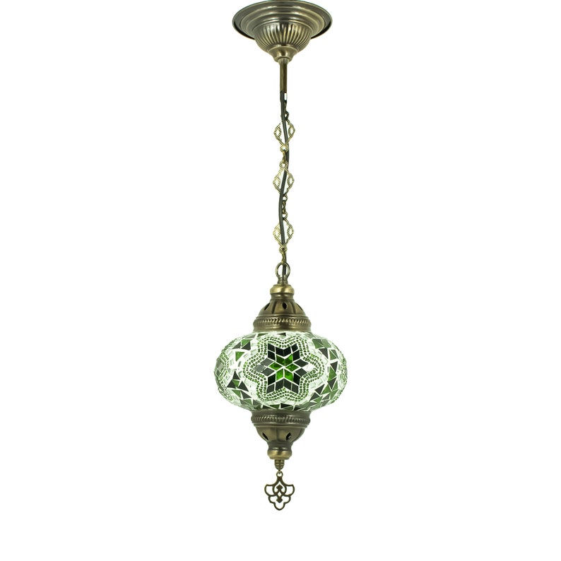 May include: A green and white mosaic glass pendant light with a brass chain and ceiling mount.