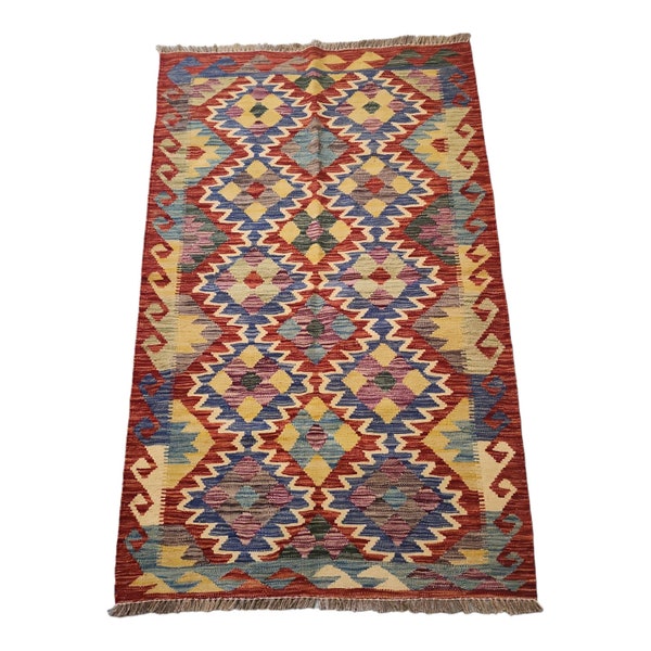 Red Multicolored Handmade Afghan Kilim Rug