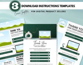 May include: Three Canva template download instructions for digital product sellers. The image features three templates with a thank you message, product name fields, and a call to action. A laptop and vase are also visible.