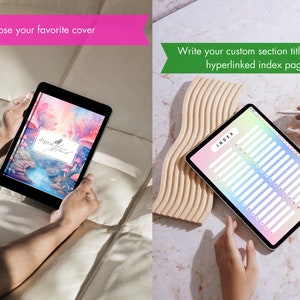 Op de afbeelding: Twee digitale tablets, een met een kleurrijke hoes met een fantasierijke bos scène en de tekst "digital journal", en de andere met een lege indexpagina met het woord "INDEX" bovenaan.