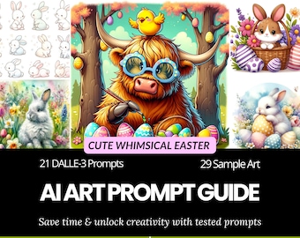 気まぐれなイースターアートのプロンプトガイド、21 DALL E3 テキストからアートへのプロンプト。インスタント PDF ダウンロード、イースターの文房具やギフトの DIY に最適