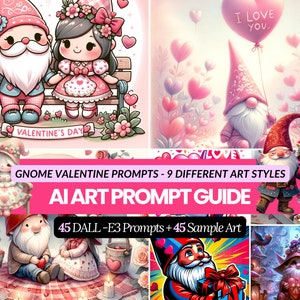 Guida ai suggerimenti per l'arte AI per Clip Art degli gnomi di San Valentino, suggerimenti DALL -E3 per illustrazioni carine e stravaganti di gnomi - per regali artigianali fai-da-te di coppia
