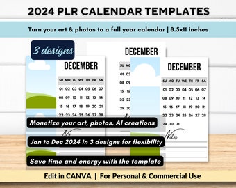May include: Three printable calendar templates for the year 2024. The calendars are in a light blue and white colour scheme with a green and white design. The text "Monetize your art, photos, AI creations" is at the bottom of the image. The text "Jan to Dec 2024 in 3 designs for flexibility" is below that. The text "Save time and energy with the template" is below that. The text "Edit in CANVA | For Personal & Commercial Use" is at the bottom of the image.