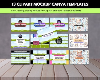 13 Canva Clipart Mockup Mallar Bundle för Etsy-säljare och konstnärer som säljer clipart-paket, Redigerbara mockups för handritad eller AI-clipart
