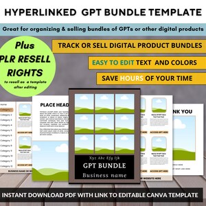 Könnte beinhalten: Eine digitale Produkt-Bundle-Vorlage mit dem Text "HYPERLINKED GPT BUNDLE TEMPLATE". Das Bild enthält einen grünen Kreis mit dem Text "Plus PLR RESELL RIGHTS". Die Vorlage dient zum Organisieren und Verkaufen digitaler Produkte.
