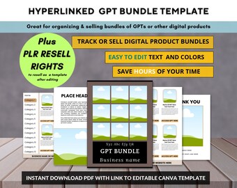 May include: A digital product bundle template with the text "HYPERLINKED GPT BUNDLE TEMPLATE". The image includes a green circle with the text "Plus PLR RESELL RIGHTS". The template is designed for organizing and selling digital products.