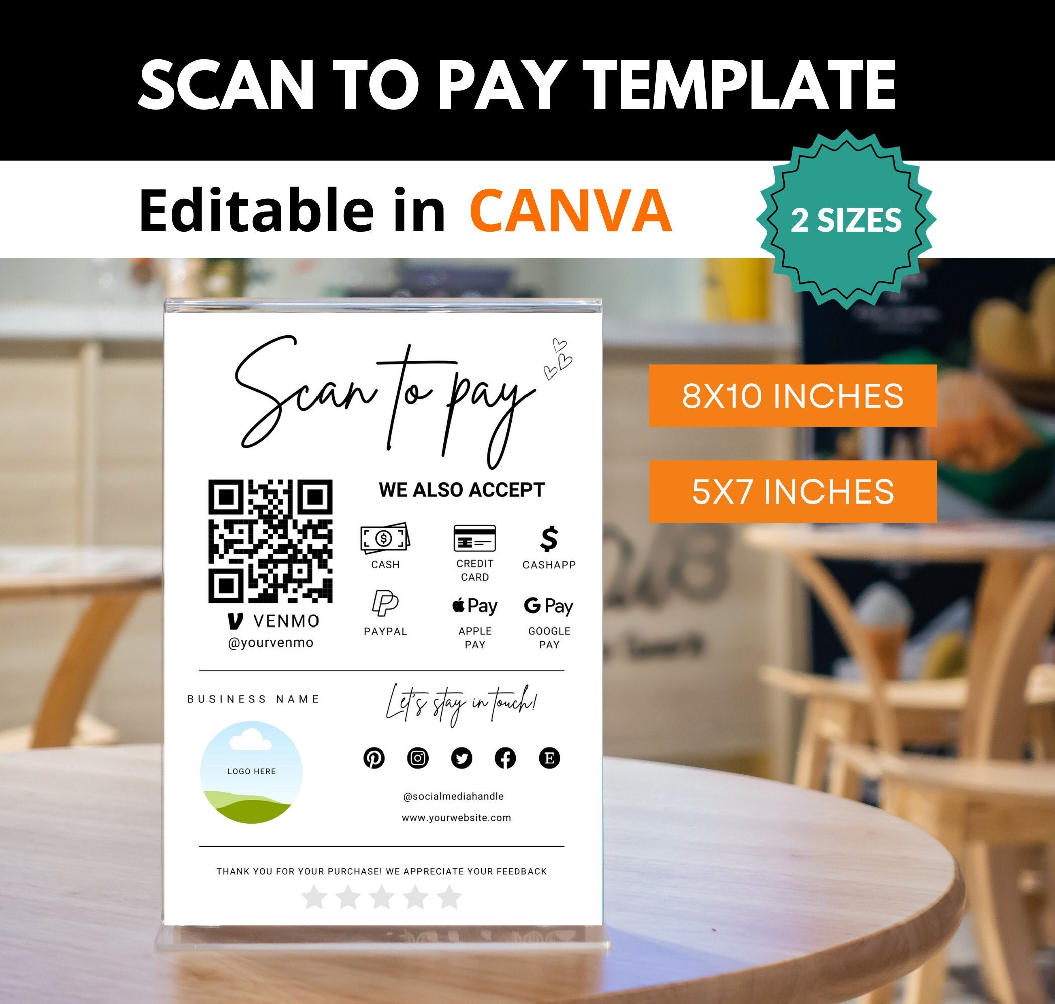 Scan to Pay Sign | QR Code Payment Canva Template for Cash App, Paypal ...