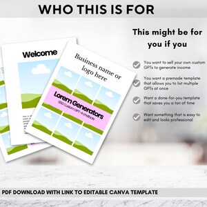 May include: A Canva template for creating custom GPT-4 chatbots. The template includes a welcome section, a business name or logo section, and a section for listing multiple GPTs. The template is easy to edit and looks professional.  PDF download with link to editable Canva template.