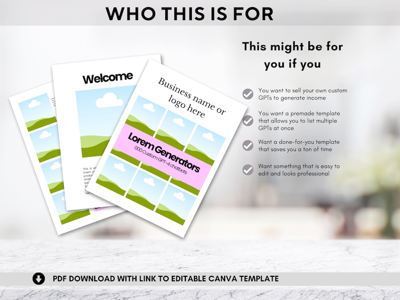 May include: A Canva template for creating custom GPT-4 chatbots. The template includes a welcome section, a business name or logo section, and a section for listing multiple GPTs. The template is easy to edit and looks professional.  PDF download with link to editable Canva template.
