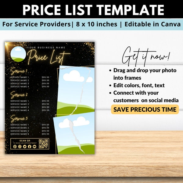 Editable Price List Template for service providers, perfect for beauty or hair industry, great for photographers & more. Edit in Canva