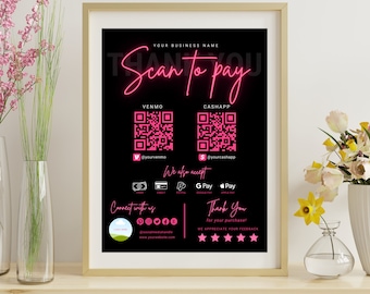 Editable scan to pay signs for cash app and Venmo QR code payments, Customizable Canva template for business sign, 8x10 & 5x7 size