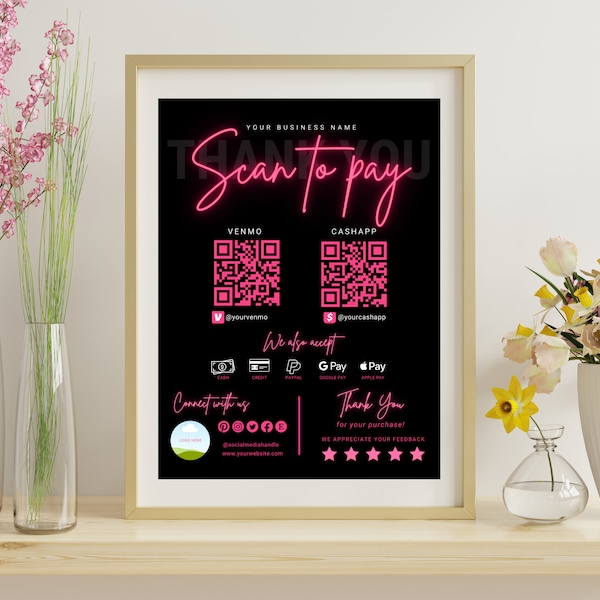Editable scan to pay signs for cash app and Venmo QR code payments, Customizable Canva template for business sign, 8x10 & 5x7 size