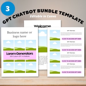 May include: A template for a chatbot bundle, with a welcome message and a list of chatbots with titles and links to access them. The template is editable in Canva and features a green and blue landscape design.