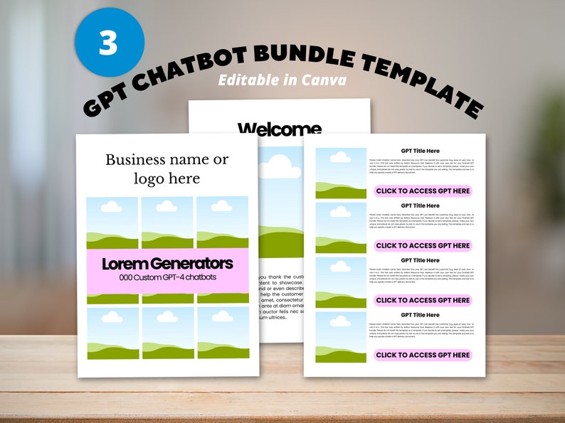 May include: A template for a chatbot bundle, with a welcome message and a list of chatbots with titles and links to access them. The template is editable in Canva and features a green and blue landscape design.