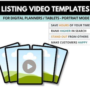 May include: Illustration of five tablet screens displaying a video template for digital planners. The video template shows a play button, a cloud, and a green grassy hill against a blue sky.
