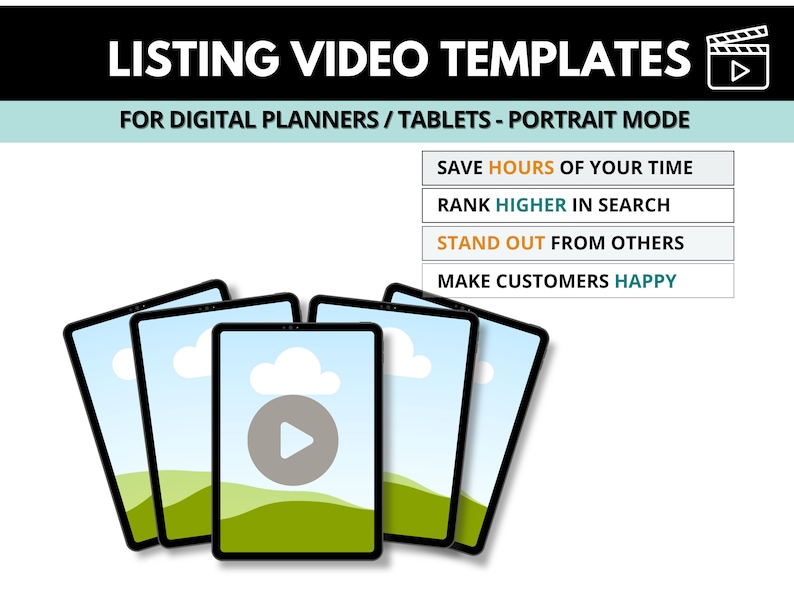 May include: Illustration of five tablet screens displaying a video template for digital planners. The video template shows a play button, a cloud, and a green grassy hill against a blue sky.