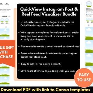 Könnte beinhalten: Eine schwarz-weiße Grafik mit dem Text "QuickView Instagram Post & Reel Feed Visualizer Bundle". Die Grafik hat ein rot-orangenes Banner mit dem Text "BONUS GIFT WITH PURCHASE". Die Grafik hat auch einen grün-orangenen Button mit dem Text "EASY TO USE". Die Grafik hat einen weißen Hintergrund mit einem Landschaftsdesign.