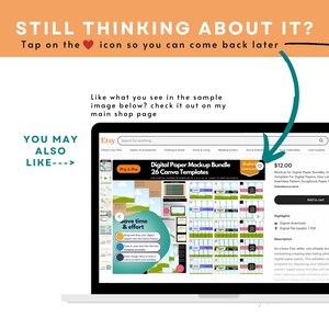 May include: A laptop screen displaying an Etsy shop page for a digital paper mockup bundle. The bundle includes 26 Canva templates and is priced at &pound;12.00. The image shows a variety of digital paper designs and a text box that says "save time & effort".