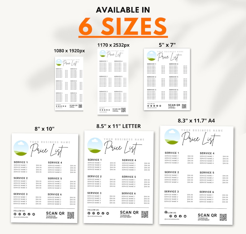 6 Canva Templates for Printable or Digital Pricing Sheet, for Product ...