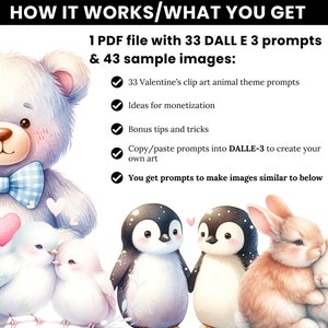 以下が含まれることがあります： バレンタインデーの動物をテーマにしたクリップアートを作成するための、33のDALL-E 3プロンプトと43のサンプル画像をデジタルダウンロードできます。画像には、テディベア、ペンギン、ウサギが描かれています。
