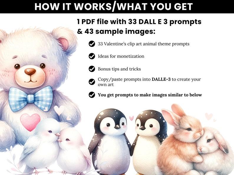 以下が含まれることがあります： バレンタインデーの動物をテーマにしたクリップアートを作成するための、33のDALL-E 3プロンプトと43のサンプル画像をデジタルダウンロードできます。画像には、テディベア、ペンギン、ウサギが描かれています。